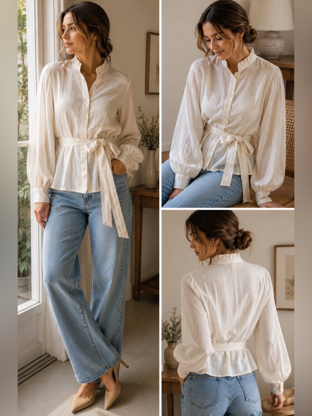 NWT Vintage Express Compagnie Internationale Ivory Tie Waist Romantic Blouse L - Picture 1 of 16